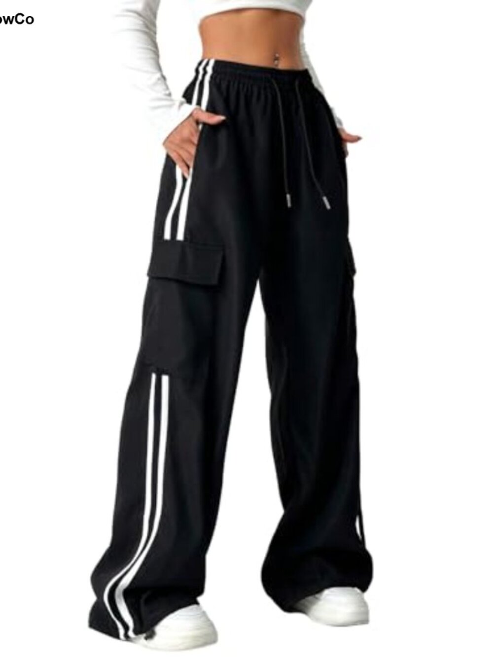 Women's Cargo Pants Baggy Wide Leg Drawstring Waist Striped Track Joggers